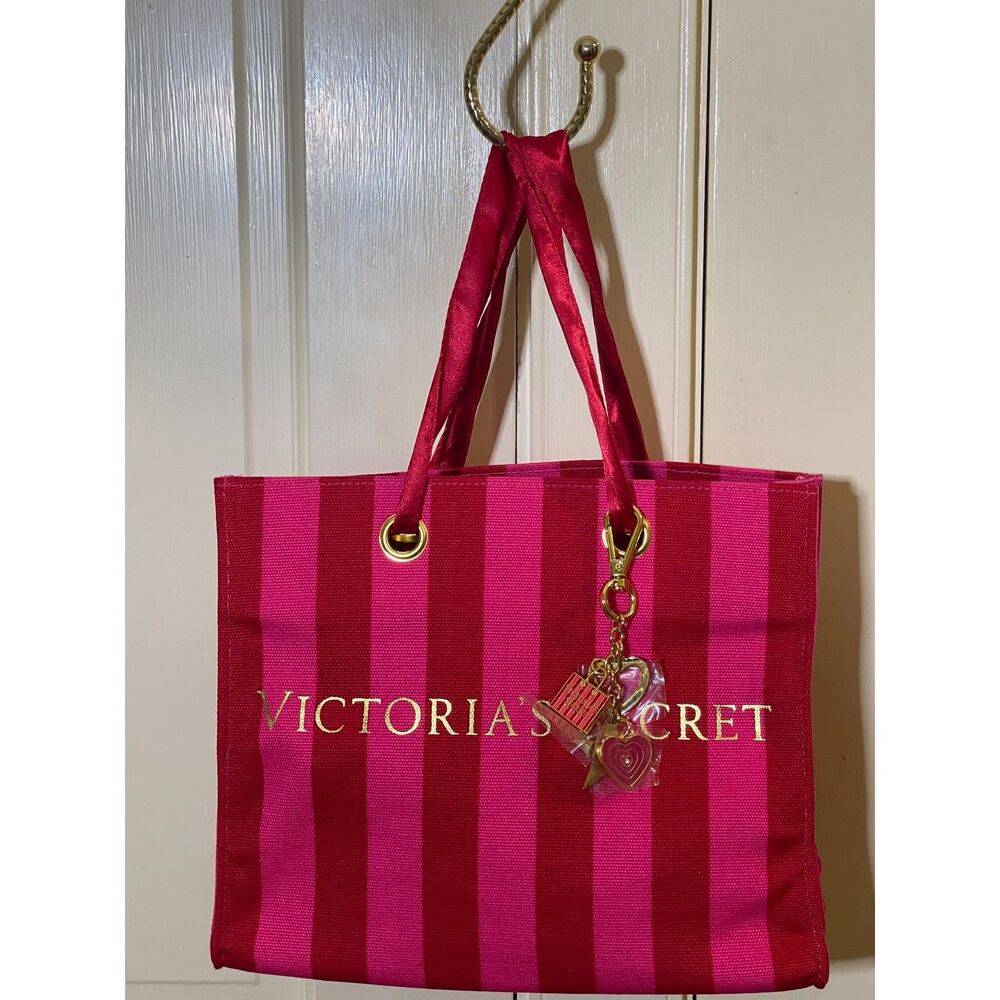 Vintage Victoria's Secret Iconic Pink Stripe Ribbon Tote Bag Gold Charms VGUC